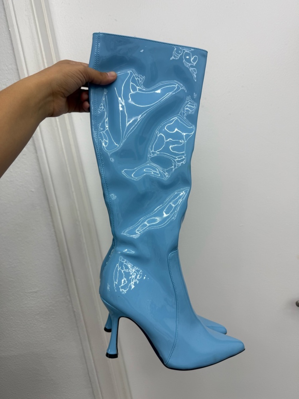 Patent Leather Knee-High Stiletto Boots - Blue